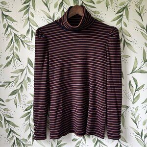 Talbots striped turtleneck with puffed shoulders. Navy/Brown. Size small.